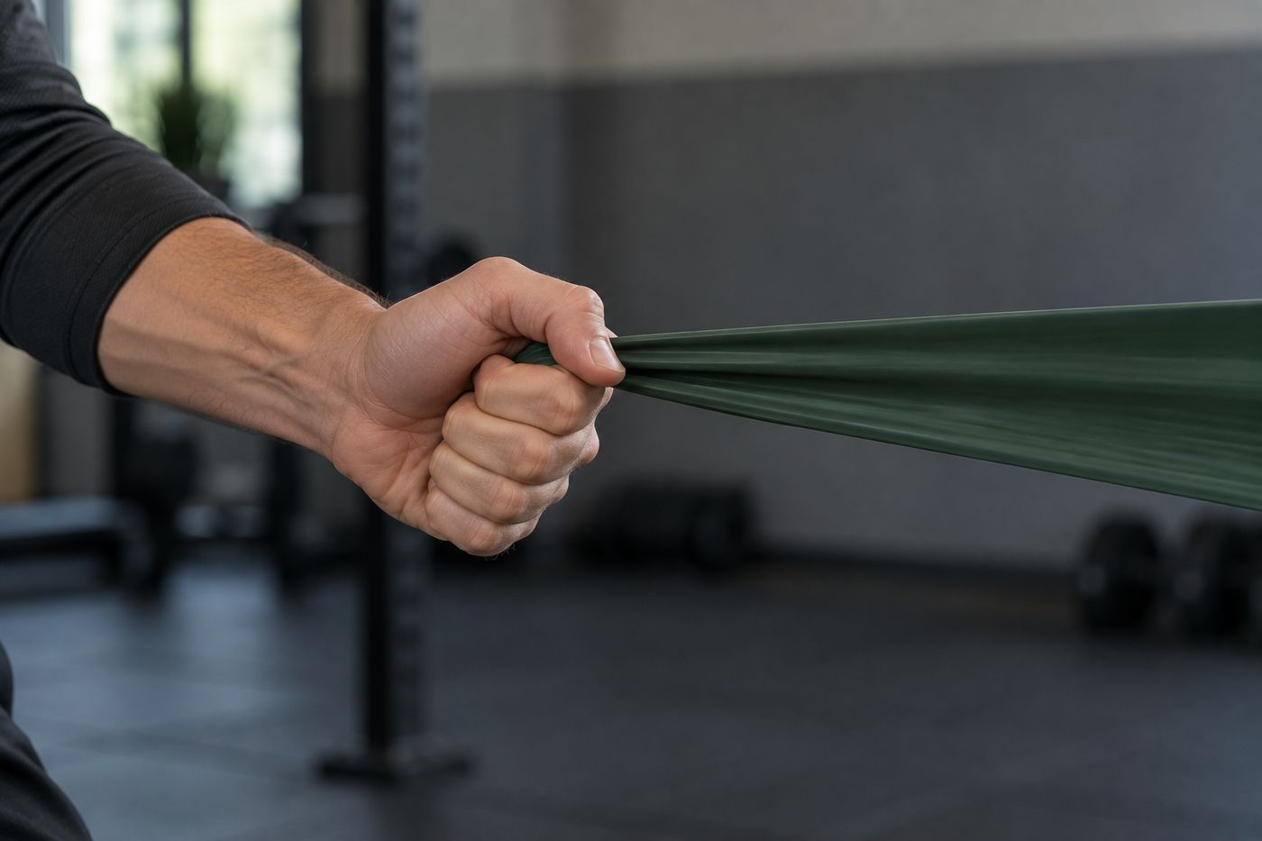 A hand gripping a resistance band pulled taut.