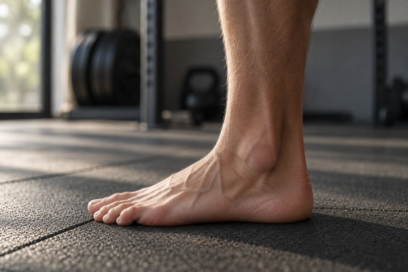 A bare foot and ankle weight-bearing on a gym floor.