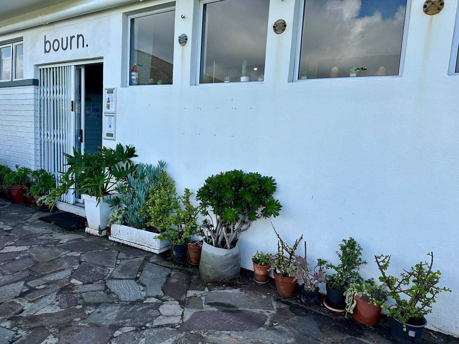 The white street frontage of the building, with a row of potted plants along the wall.