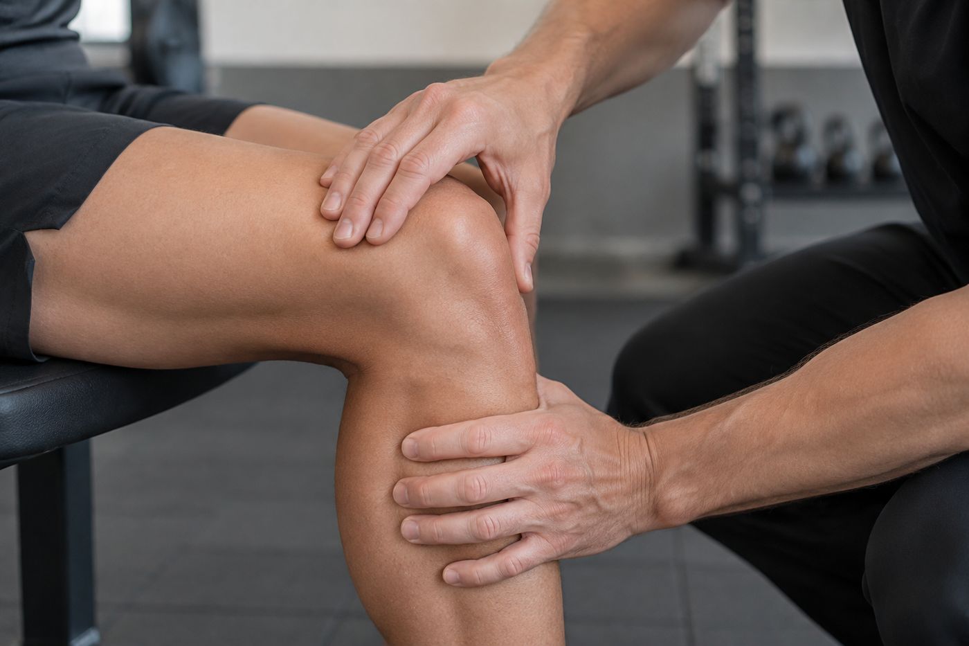 A practitioner's hands assessing a seated person's knee.