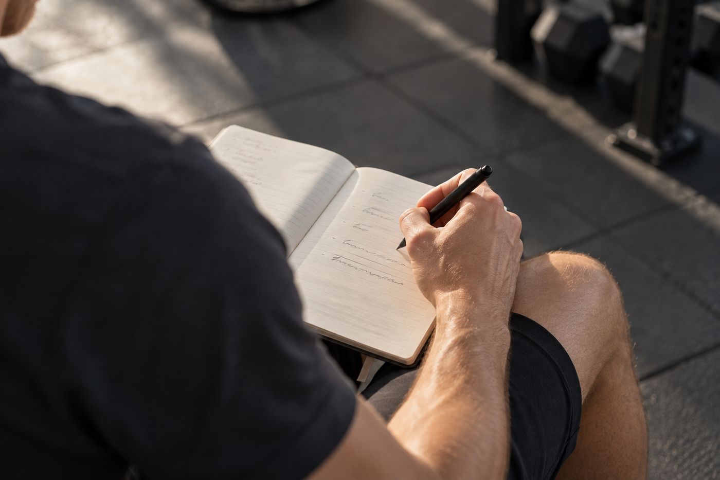 A hand writing notes in an open notebook, resting on a knee.