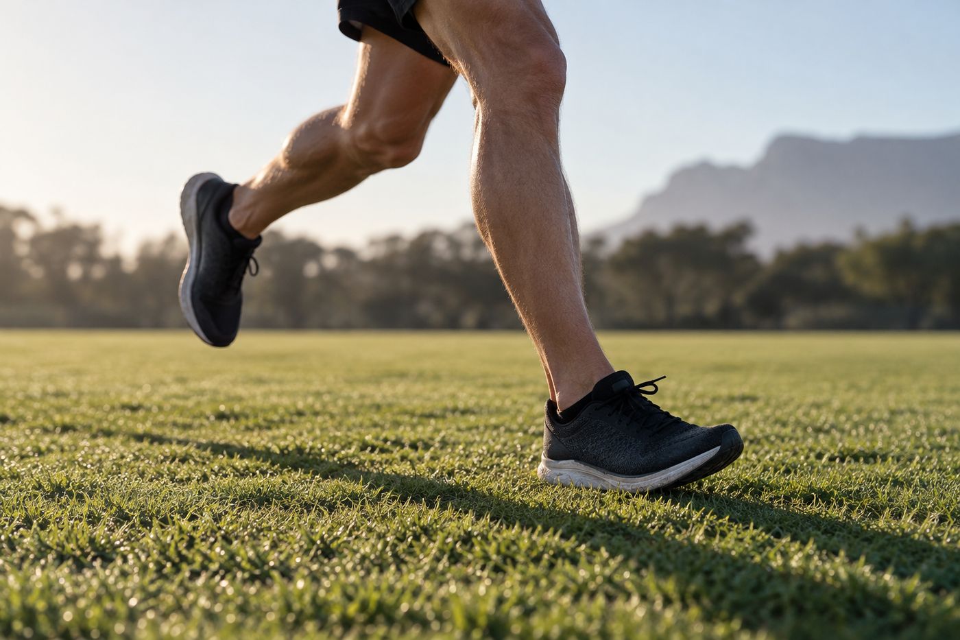 A runner's legs mid-stride on a grass field at sunrise.